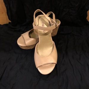 Me Too open toe wedge shoe beige leather upper and cork wedge.